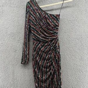 Dress the Population Sequin Dress One Shoulder Black Multi Color Seqins Size XS